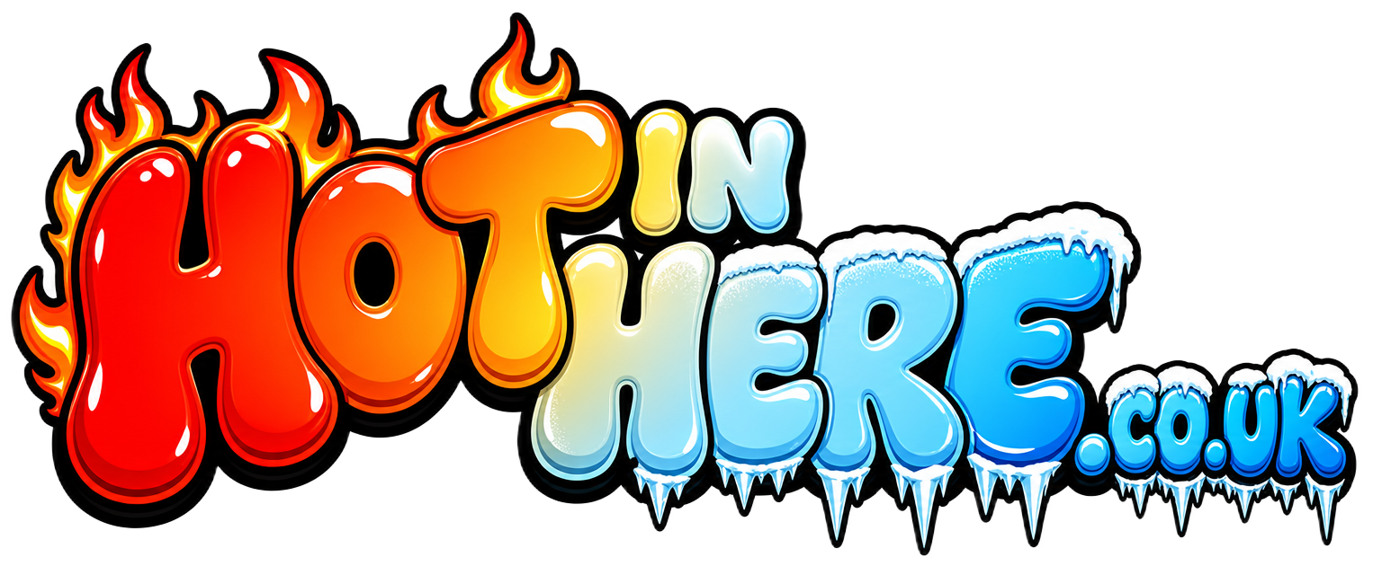 Hot In Here .co.uk cartoon bubble logo, flames on the left melting into ice on the right